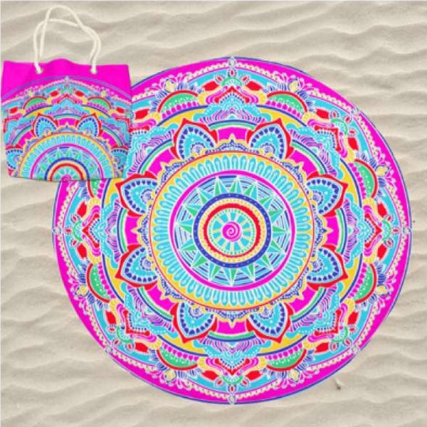 Toalla de Playa Microfibra Redonda Mandala Multicolor Rosa 180cm + Bolsa de Playa
