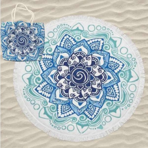 Toalla de Playa Microfibra Redonda Mandala Azul 180 cm + Bolsa de Playa