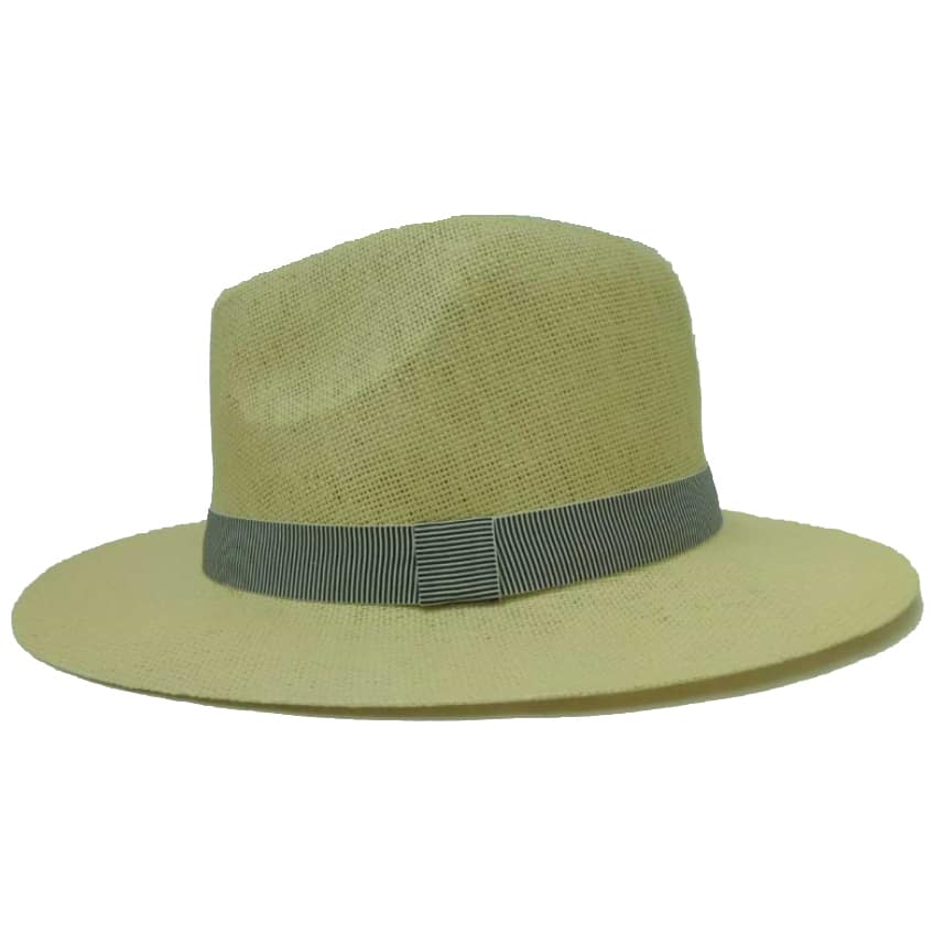 Sombrero Fino de Hombre con Ala Derecha y Cinta de Rayas Verticales Beige