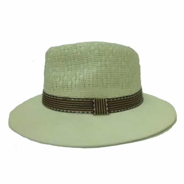 Sombrero de Hombre con Ala Derecha y Cinta de Rayas Negras y Doradas Blanco