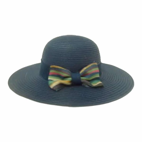 Sombrero de Ala Ancha para Mujer con Cinta Lisa y Lazo de Rayas Azul