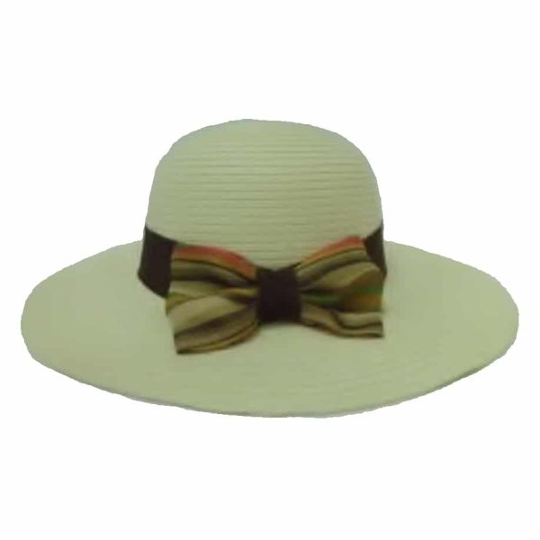 Sombrero de Ala Ancha para Mujer con Cinta Lisa y Lazo de Rayas Beige