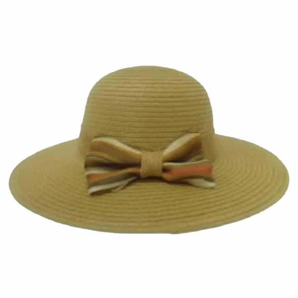 Sombrero de Ala Ancha para Mujer con Cinta Lisa y Lazo de Rayas Marrón
