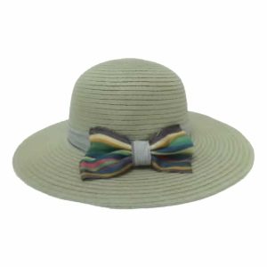 Sombrero de Ala Ancha para Mujer con Cinta Lisa y Lazo de Rayas Gris