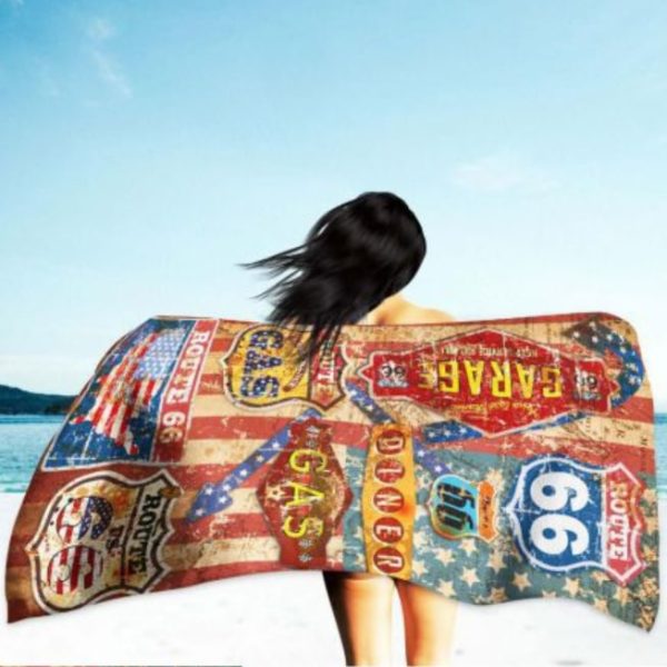 Toalla de Playa de Microfibra Ruta 66 con Bandera USA 180 x 100 cm