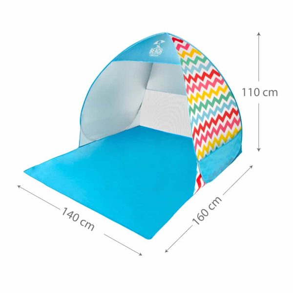 Tienda de playa multicolor con protección UV.