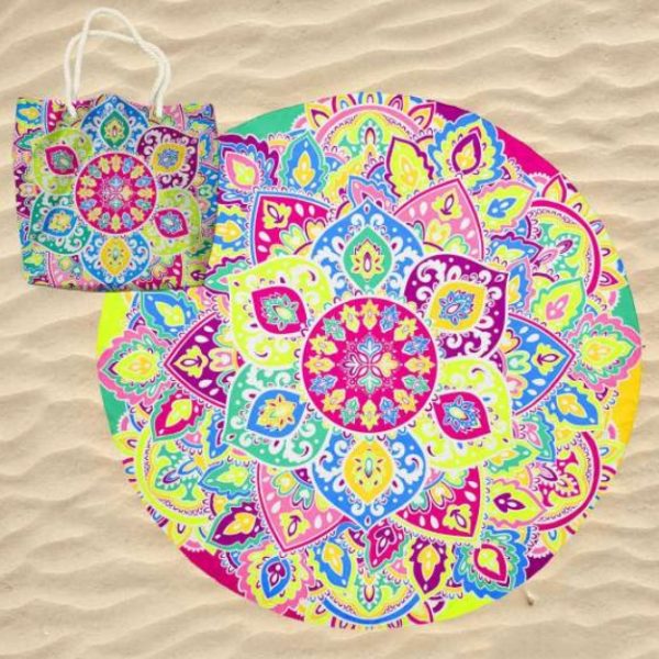 Toalla de playa redonda de microfibra con bolsa Mandala Psychedelic Lotus