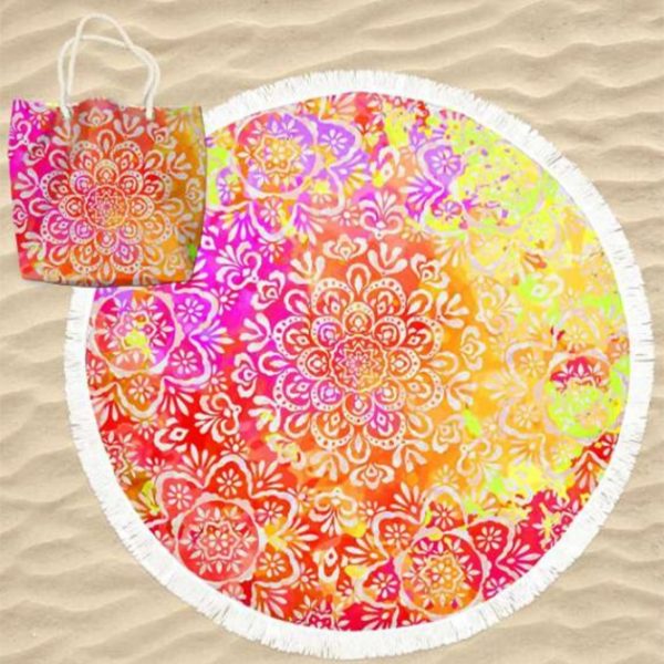 Toalla de playa redonda de microfibra con bolsa, diseño de flores de mandalas multicolores