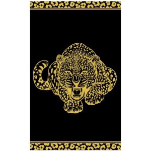 Toalla de playa de algodón negro con estampado de leopardo dorado