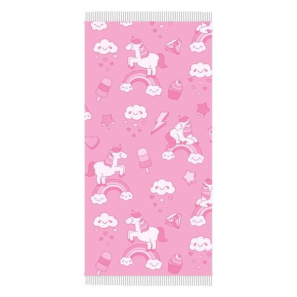 Toalla pareo de algodón con flecos y unicornio arcoíris rosa