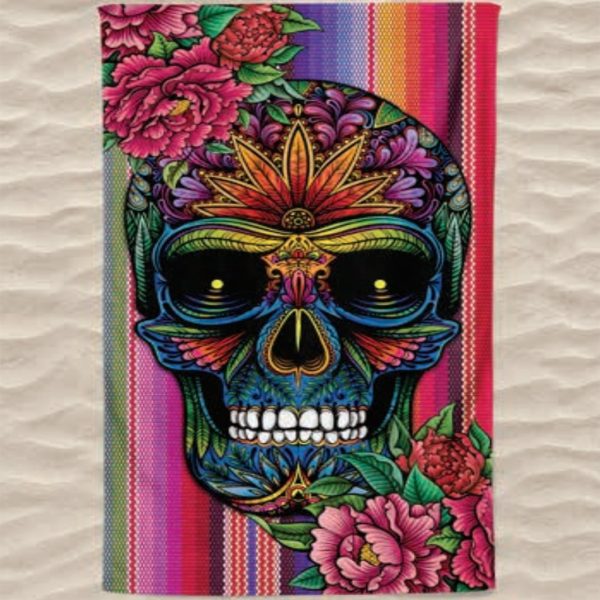 Toalla de playa de microfibra con calavera mexicana colorida y flores