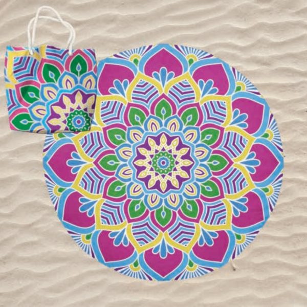 Toalla de playa redonda de microfibra con bolsa, Mandala Lotus, multicolor
