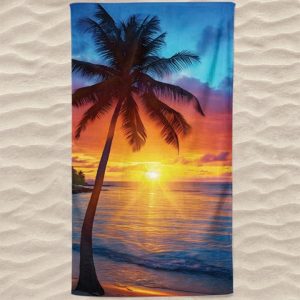 Toalla de playa de microfibra con palmera al atardecer