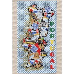 Toalha de Praia Microfibra Mapa Portugal Tradições Azulejos Multicolorida