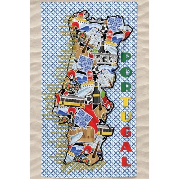 Toalha de Praia Microfibra Mapa Portugal Tradições Azulejos Multicolorida