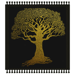 Toalha Indiana Grande Preta Árvore da Vida Dourada 240x210 cm