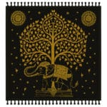 Toalha Grande Indiana Preta Elefante Árvore da Vida Dourados 240x210 cm